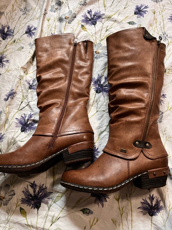 riker Shoes - Rieker Slouch Mid-Calf Boots Womens Size EU 42 Brown Faux Leather Sherpa Lined
